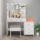 HAOYYE White Dressing Table Set with Mirror Cabinet, 5 Storage Compartments, 2 Open Shelves, and Three Dimming Light Bulbs, Modern Vanity Desk with Triamine Veneer Finish for Bedroom or Makeup Room